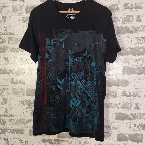 Massive Luxury Other - Massive V-Neck Graphic T-Shirt XL Black Blue Red Abstract‎ Panther Face Art Tee